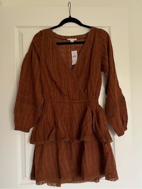 American Eagle brown lace dress with bell sleeves and floral embroidery.